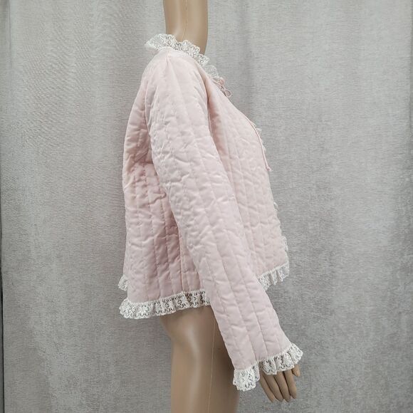 Barbizon Vintage Satin Serene Nylon Pink Quilted Jacket with Cream Lace Trim - Picture 7 of 12
